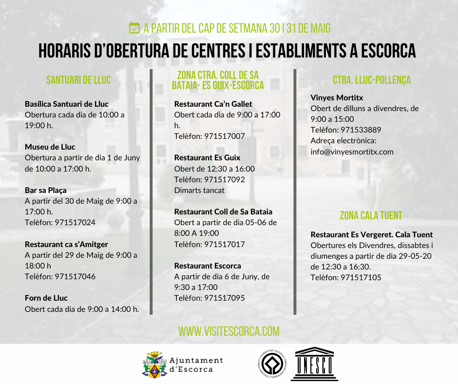 Horaris d'obertura de centres i establiments a Escorca