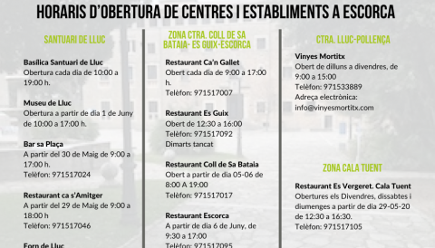 Horaris d'obertura de centres i establiments a Escorca